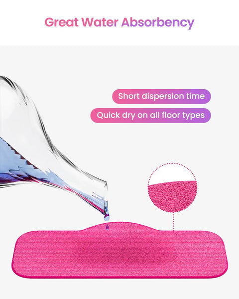 Water pouring onto Six Pack Microfiber Replacement Mop Pads For Steam Cleaners, showing great absorbency and quick drying.