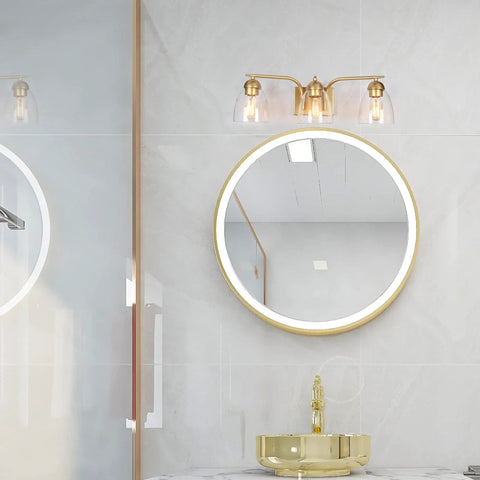 Gold Vanity Light Fixture Set With Clear Glass Shades, Modern 3 Light Over Mirror Bath Lighting, 22 Inch Long above round mirror