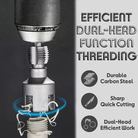 Four In One Water Pipe Threader For One Half, Three Quarters, And One Inch PVC Pipes attached to drill, cutting threads