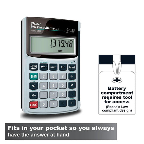 Pocket Real Estate Master Financial Calculator With Loan Amortization, Remaining Balances, Principal, Interest display