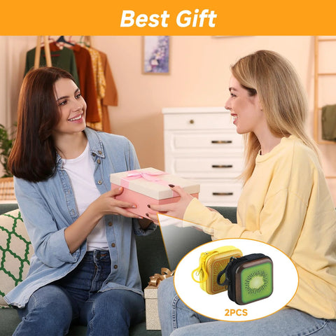 2pcs lens-wipe carrying cases; front view shows two women exchanging a pink box, inset yellow and black cases.