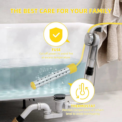 1500W Portable Immersion Water Heater With Digital Lcd Screen And Heavy Duty Stainless Guard showcasing fuse and thermostat features in bathtub.