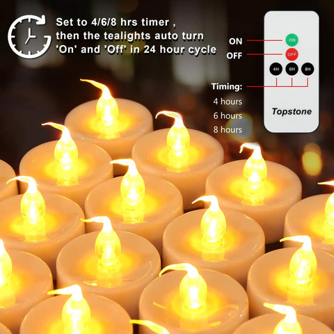 Battery Powered Flickering Flameless Candles With Warm Yellow Glow, Remote Control And 4, 6, 8 Hour Timers, Decorative LED Tealights