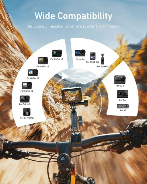 Super Clamp Camera Mount With 360 Dual Ball Head For Bike Handlebar Mounts Compatible GoPro, DJI, Insta360 Cameras