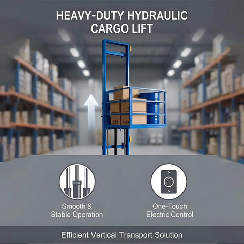 Total Beast Heavy Duty Electric Hydraulic Cargo Lift in use, lifting boxes with a remote in a warehouse setting.