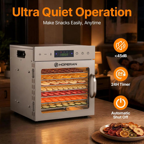 Top Shelf Massive Eight Tray Food Dehydrator Machine With Removable Stainless Steel Trays displaying assorted dried fruits.