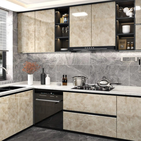 Modern kitchen with Glossy Beige Marble Contact Paper 24x394 Inches Self Adhesive Peel And Stick Vinyl for countertops and cabinets.