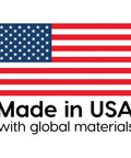 U.S. flag with text 'Made in USA with global materials' below the flag.