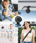 Must Have Clip On Baby Fan With Rechargeable Battery attached to car seat, crib, and used during travel by woman, safe gaps design.