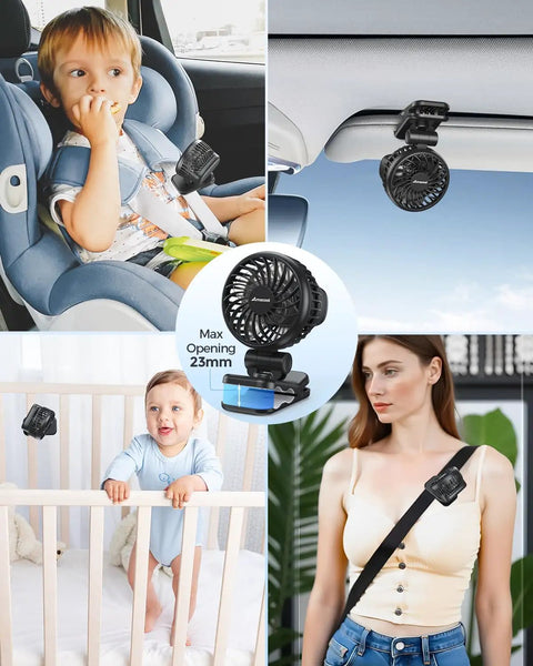Must Have Clip On Baby Fan With Rechargeable Battery attached to car seat, crib, and used during travel by woman, safe gaps design.