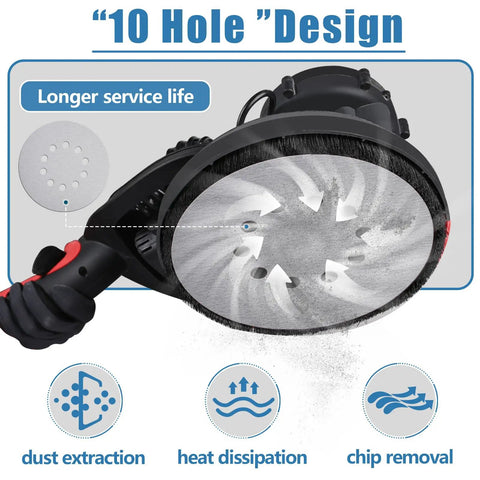 9 Inch 10 Hole White Sanding Discs For Drywall Sander With Quick Change Hook And Loop Backing on sander showing dust extraction