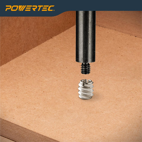 Installation of "50 Pack Three Eighths By Sixteen Beefy Threaded Wood Inserts For Hardwood Softwood And Plywood Anti Rotation Nut Inserts 18mm Length For Woodworking And Furniture Projects" showing insert and tool in plywood.