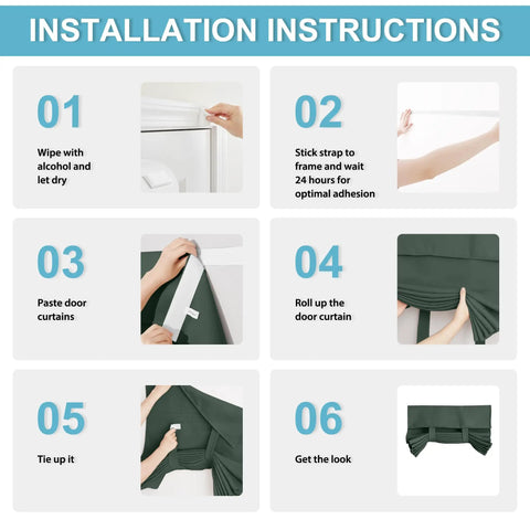 Easy No Drill Install French Door Curtain Panel, 69 Inch Length, Dark Green Room Darkening Window Covering For Patio Doors, Energy Efficient Shade, 1 Panel With Adhesive Straps, Simple Setup That Blocks Light And Keeps Heat In installation steps.