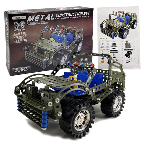 Hands On 283 Piece Metal Construction Kit For Builders Ages 8 To 12 With Erector Style Mechanics STEM Building Jeep Vehicle