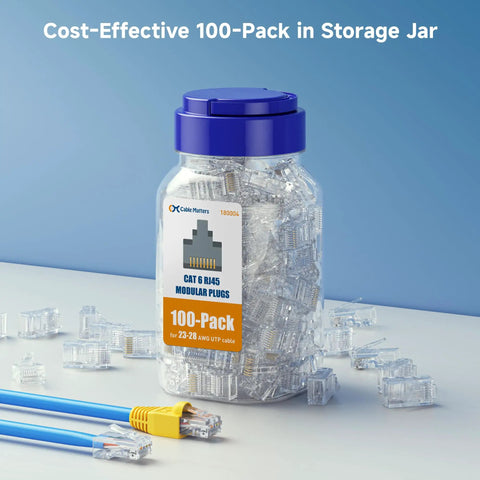 Jar of Cat6 RJ45 Modular Plugs with 50 Micron Gold Plating, 100 pack, for Solid or Stranded UTP Cable, DIY Kit