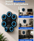 Wall Mounted Boxing Trainer With 3D Uppercut Targets in home, office, garage settings showing blue lights and multiple targets