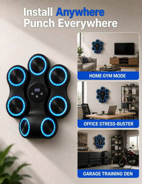 Wall Mounted Boxing Trainer With 3D Uppercut Targets in home, office, garage settings showing blue lights and multiple targets