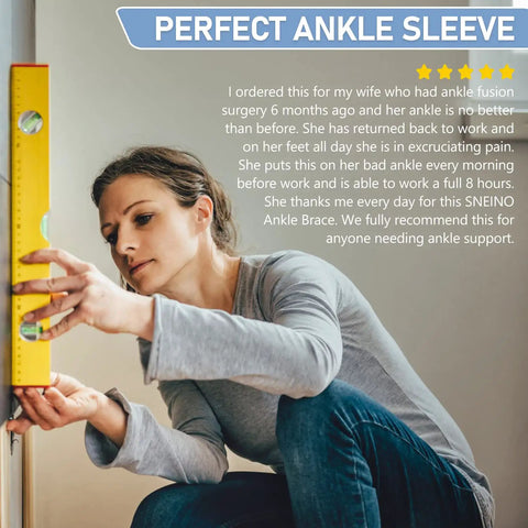 Woman using level tool, highlighted text about ankle recovery with Ankle Support Brace 2 Pack For Women And Men, Breathable Adjustable Ankle Stabilizer.