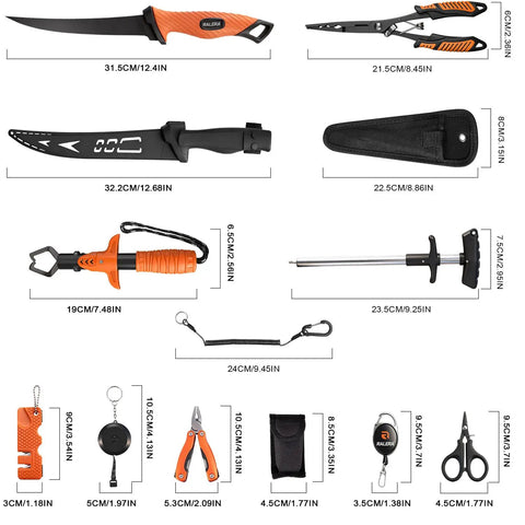 Fillet Knife Set For Beginners With 9 Piece All In One Fishing Tool Kit Including Non Slip Grip Fillet Knife, Precision Pliers, Tape Measure