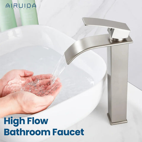Tall Vessel Sink Faucet With Waterfall Flow, Single Hole, Single Handle Mixer Tap For Bathroom Vanity, Brushed Nickel.