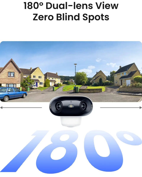 Ultra Wide 4K Dual Lens Outdoor Wireless Security Camera System With Solar Power, 180 Degree Coverage display.