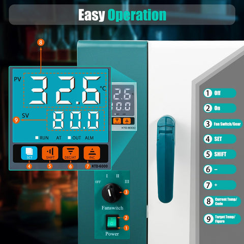 Beefy 1000W Drying Oven For Labs close-up of digital control panel with temperature settings and easy operation instructions.