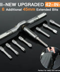 42 In 1 Magnetic Screwdriver Set With Ratchet Handle And Detachable Bits, showcasing 8 additional 45mm extended bits.