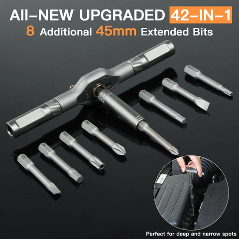 42 In 1 Magnetic Screwdriver Set With Ratchet Handle And Detachable Bits, showcasing 8 additional 45mm extended bits.