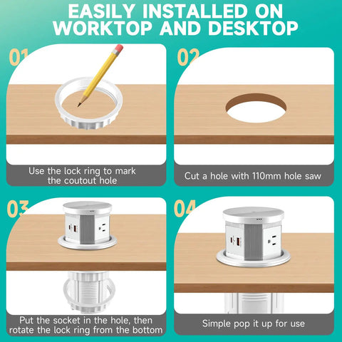 Installation guide for Splash Resistant Pop Up Countertop Outlet With 15W Wireless Charger And Dual USB Ports, showing each step clearly.