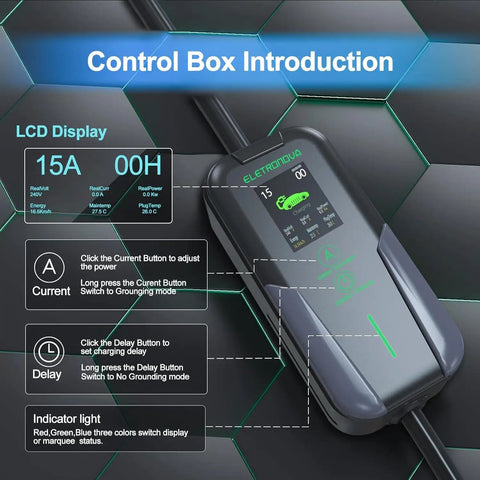 LCD display control box for Level Two EV Charger With 240V NEMA 14 To 50 Plug And 25 Foot Cable UL Certified Portable Electric Vehicle Charging Station.