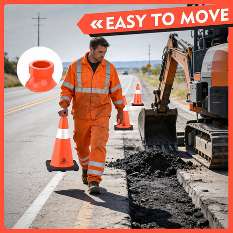 Construction worker carrying 4 Pack 18 Inch Traffic Safety Cones With Heavy Duty Black Weighted Base, Orange PVC Cones With Reflective Collar