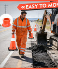 Construction worker holding Eight Pack 18 Inch Traffic Safety Cones With Heavy Weighted Base, Bright Orange PVC With 360 Reflective Collar.