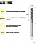 Front view WEXWE extra-long carbide square end mill, 4-flute, 1/4 in shank, 4 in length for alloy steels and cast iron.