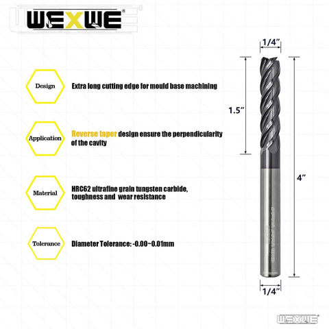 Front view WEXWE extra-long carbide square end mill, 4-flute, 1/4 in shank, 4 in length for alloy steels and cast iron.