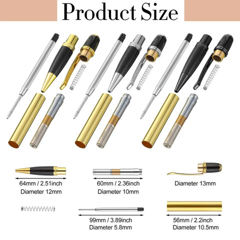 12 Pack Woodturning Pen Kit With Twist Ballpoint Refills Copper Turning Supplies with dimensions and components displayed