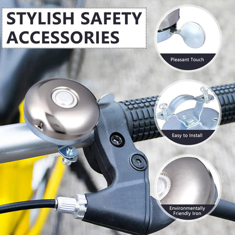 Loud As Heck Clear Safety Bell For Electric Scooters And City Commuter Bikes Fits 0.86 To 1.18 Inch Handlebars Easy Thumb Trigger Install Audible Ring That Cuts Through Traffic Ideal For Bikes Cruisers And Trikes, silver metal bell on bike handlebar