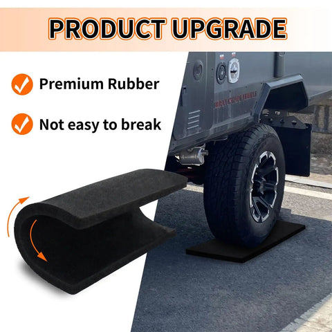 RV Leveling Block Flex Pads 8.5 Inch Rubber Jack Pads for Camper Travel Trailers, showing mat under tire, anti slip.