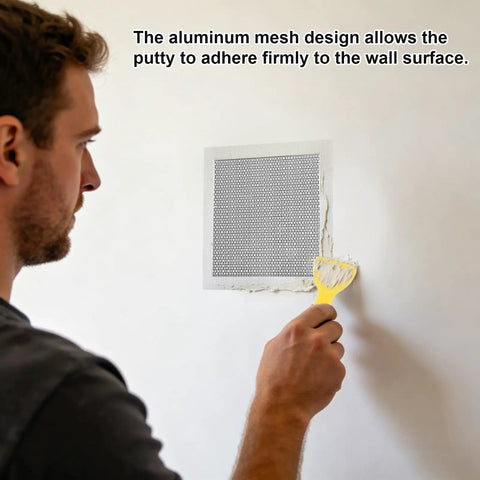 Person applying Easy Peasy Drywall Repair Kit With Patches, Sandpaper And Scrapers For 2In To 8In Holes on a wall.