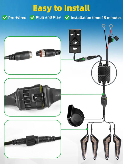 Road Ready UTV Turn Signal Kit with White DRL and Red Running Light, components displayed with easy installation diagram