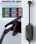 Dynamic LED lights show charging status on Portable Tesla Wall Connector Featuring No Sweat Nema 10 30 Plug Method Level 2 Ev Speed Charger.
