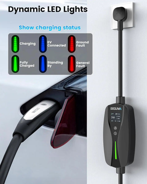 Dynamic LED lights show charging status on Portable Tesla Wall Connector Featuring No Sweat Nema 10 30 Plug Method Level 2 Ev Speed Charger.