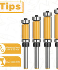 Flush Trim Router Bit Set With Top And Bottom Bearings Carbide Straight Cut Four Cutting Lengths From Three Quarters Inch To One And A Half Inch One Quarter Inch Shank Great For Precise Edge Routing On Wood, shown with feed rate and RPM specifications.