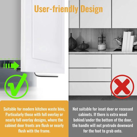 User-friendly Adhesive Toe Pull for Trash Cabinet Doors, showing compatibility with full overlay kitchen cabinets.