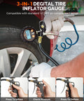 Digital Tire Pressure Gauge With Inflator 0-250 PSI Calibrated To ANSI B40.7 Grade 2A measuring tire pressure on vehicle