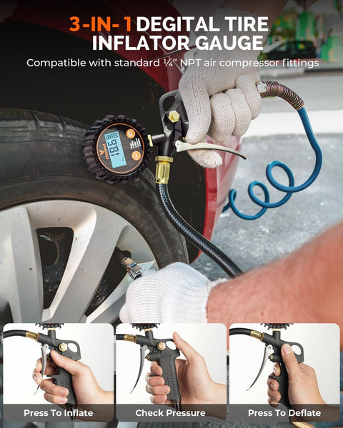 Digital Tire Pressure Gauge With Inflator 0-250 PSI Calibrated To ANSI B40.7 Grade 2A measuring tire pressure on vehicle