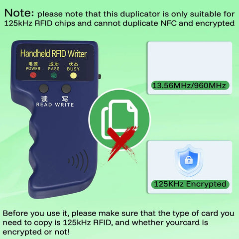 Image of a blue handheld RFID writer with labels, illustrating compatibility for 125kHz RFID chips, unsuitable for NFC.