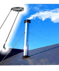 Stainless Steel Roof Chimney Bracket Kit With Adjustable Support Brace installed on roof with smoke from stove pipe