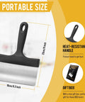 Heavy Duty Stainless Steel Griddle Scraper With Five Inch Handle For Outdoor Grills And Flat Top Cleaning, shown with dimensions and gift box