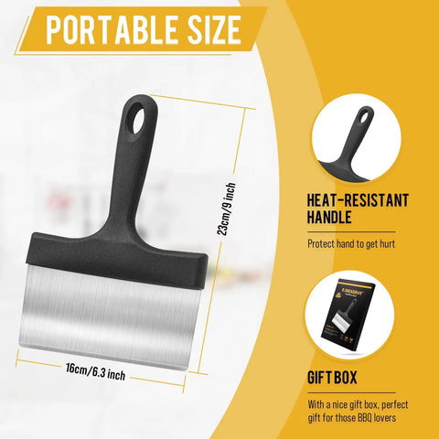 Heavy Duty Stainless Steel Griddle Scraper With Five Inch Handle For Outdoor Grills And Flat Top Cleaning, shown with dimensions and gift box