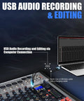 USB connection from Eight Channel Pro DJ Mixer With Individual Channel Control And USB Recording To Computer Beefy All Metal Build Six Channel Option For Flexible Live Sets And Studio Editing to laptop for audio recording.